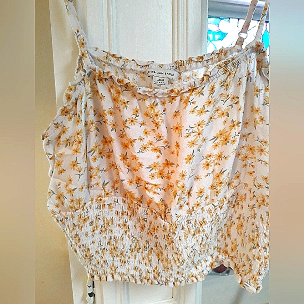 American Eagle Ruffle Edge Floral Crop T Camisole Top Tee Sz L Junior Pre-Loved